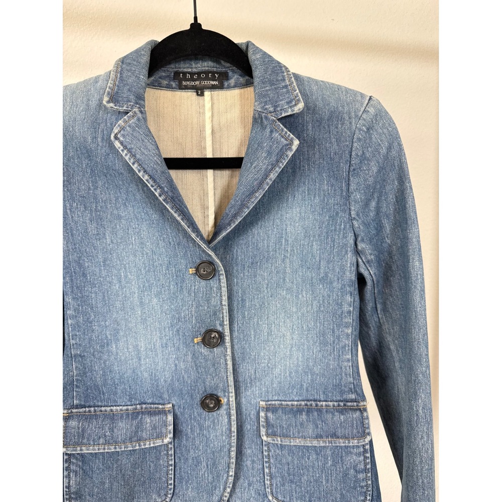 Theory Denim Blazer Jacket Blue Wash Tailored Button Front Pockets Size 2 - Picture 2 of 8